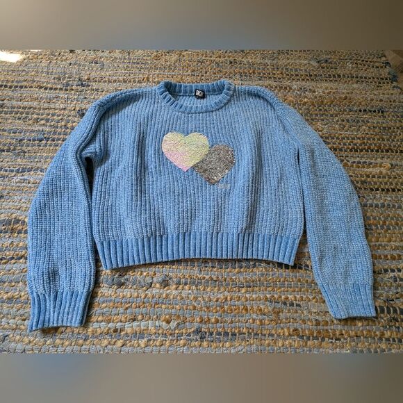 DKNY Blue Chenille Sparkle Sequin Heart Sweater M Cropped Ethereal Fairycore - Picture 2 of 8
